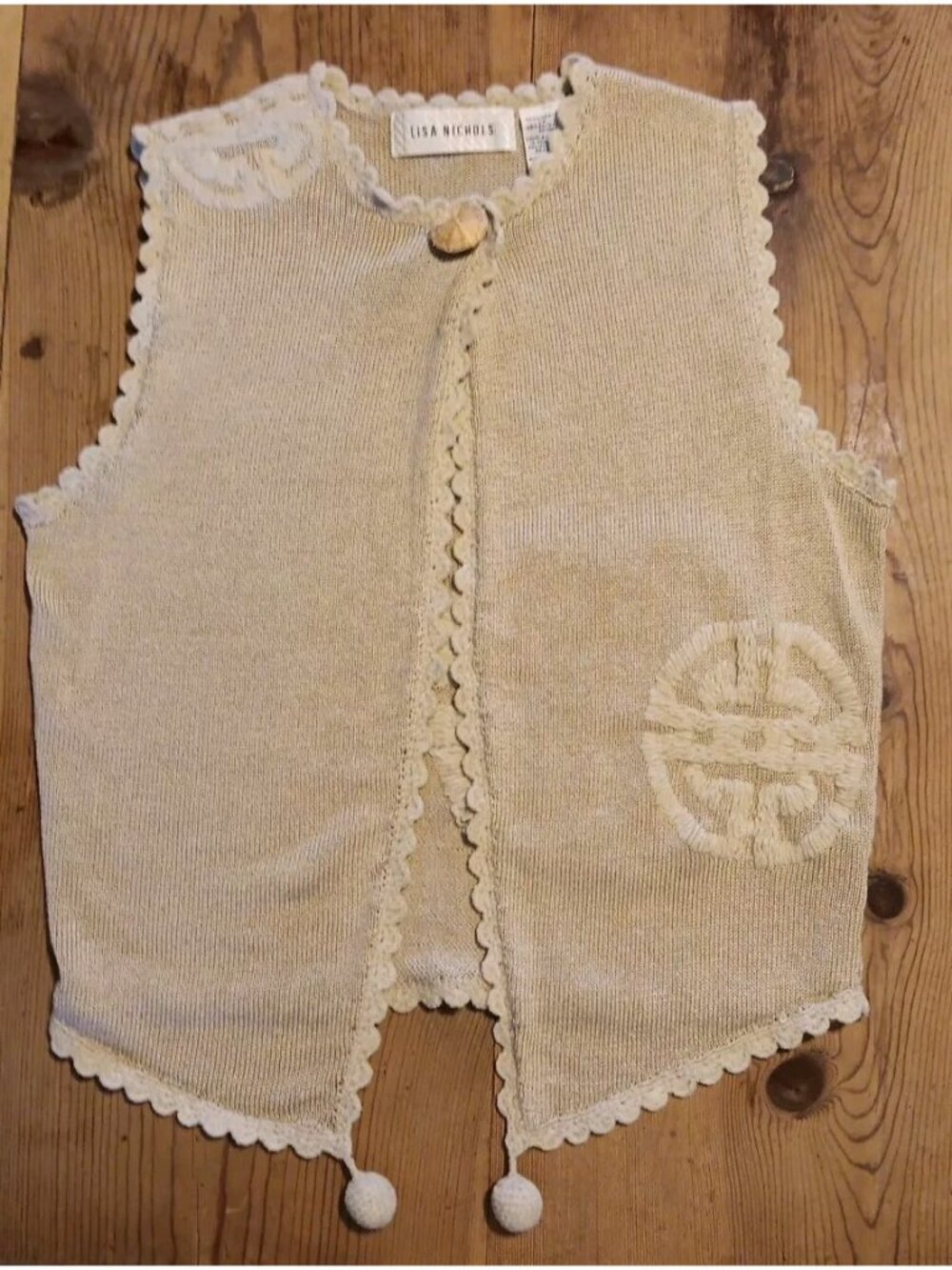 Vtg Lisa Nichols Knit Sweater Vest Womens M Linen Blend Asian Oriental Symbols